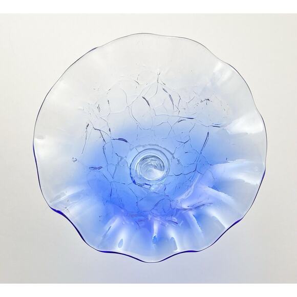 1990s Rossi Glass-Niagara Crackle Blue Pedestal Footed Ruffled Compote 6 7/8” - Picture 5 of 7